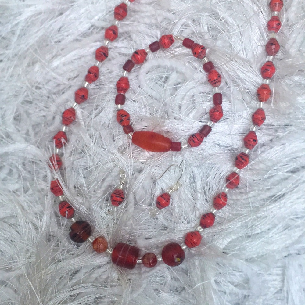 Handcrafted One of a Kind Artisan Recycled Glass and Paper Beads Jewelry Set